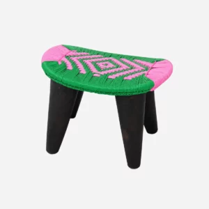 Tabouret Lafian vert et rose en bois et corde tressée